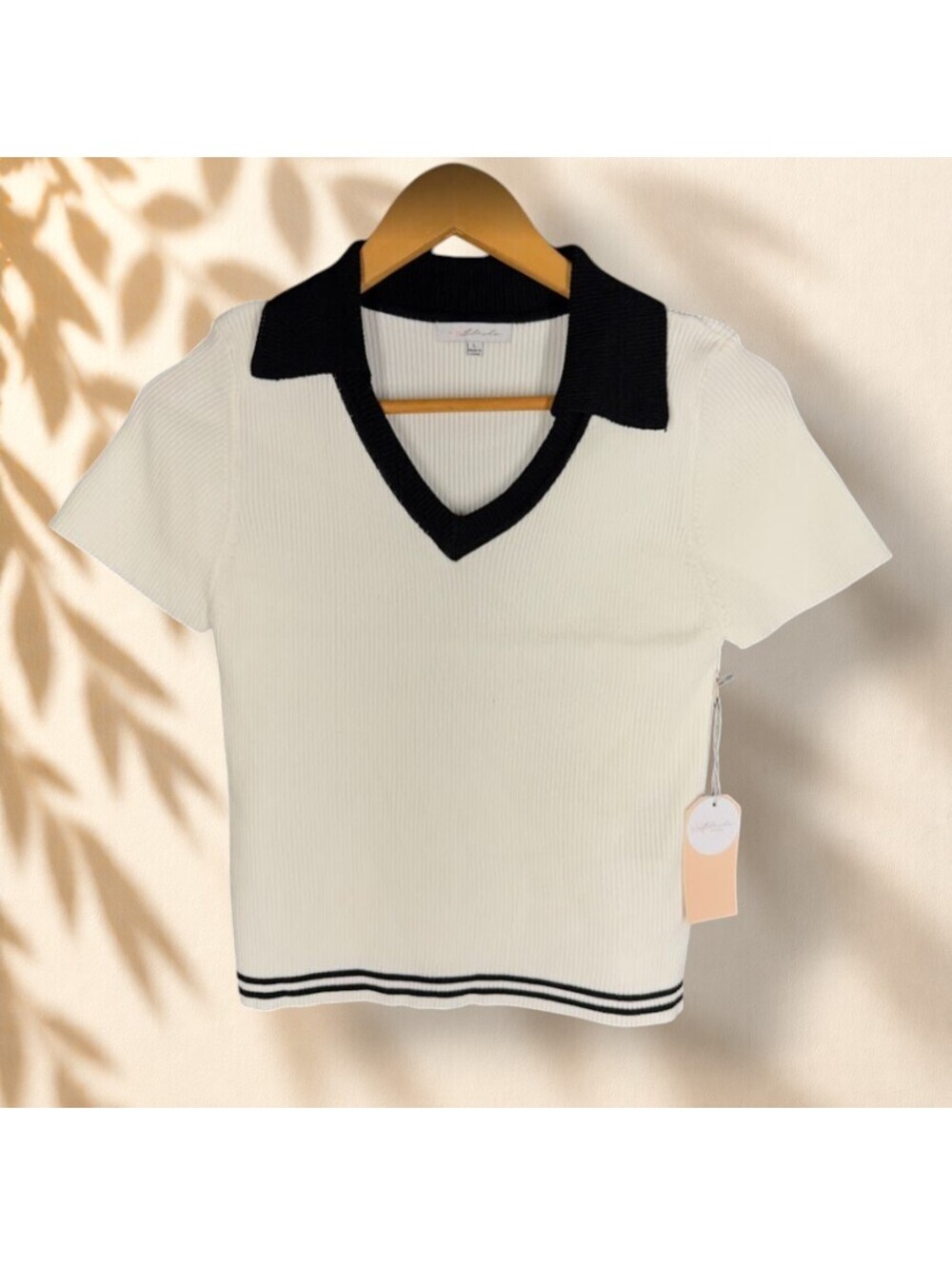 New Blashe Top Women L Large White Ribbed Collared Short Sleeve Casual Stretch